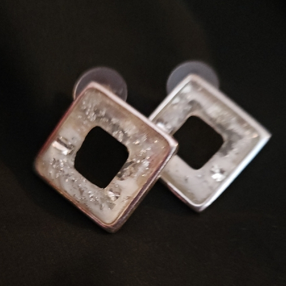 Silver Tone & White Enamel Earrings, Glittery, Excellent Condition! - Picture 1 of 8